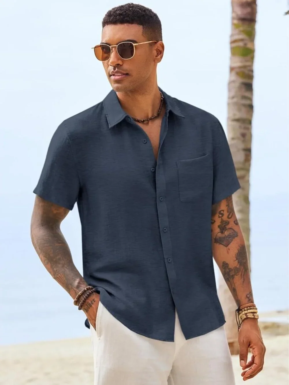 Men's Navy Button Down Linen Short Sleeve Casual Beach Wedding Shirt - Picture 4 of 6